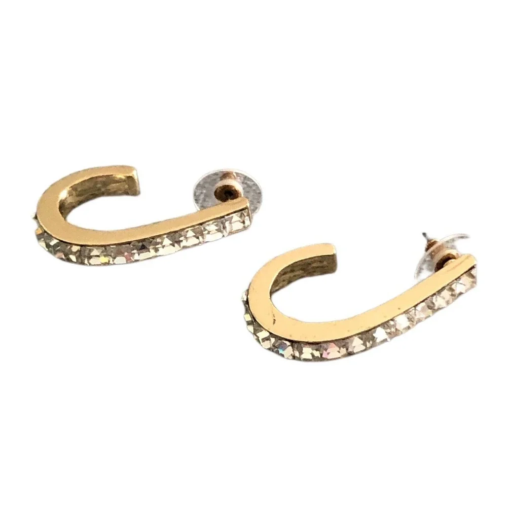 Huggie Hoop Earrings Clear Princess Cut Crystals Gold tone Pierced Ear